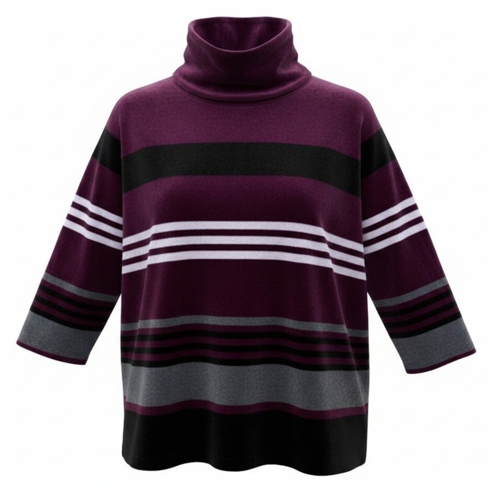 Talbots Petite Large LP Velour Funnel Neck Striped Top Purple Black Grey Blouse